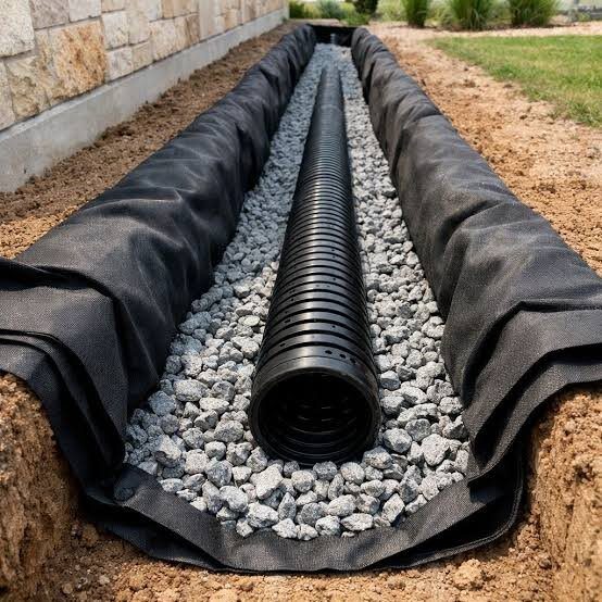French drain trench lined with fabric and gravel