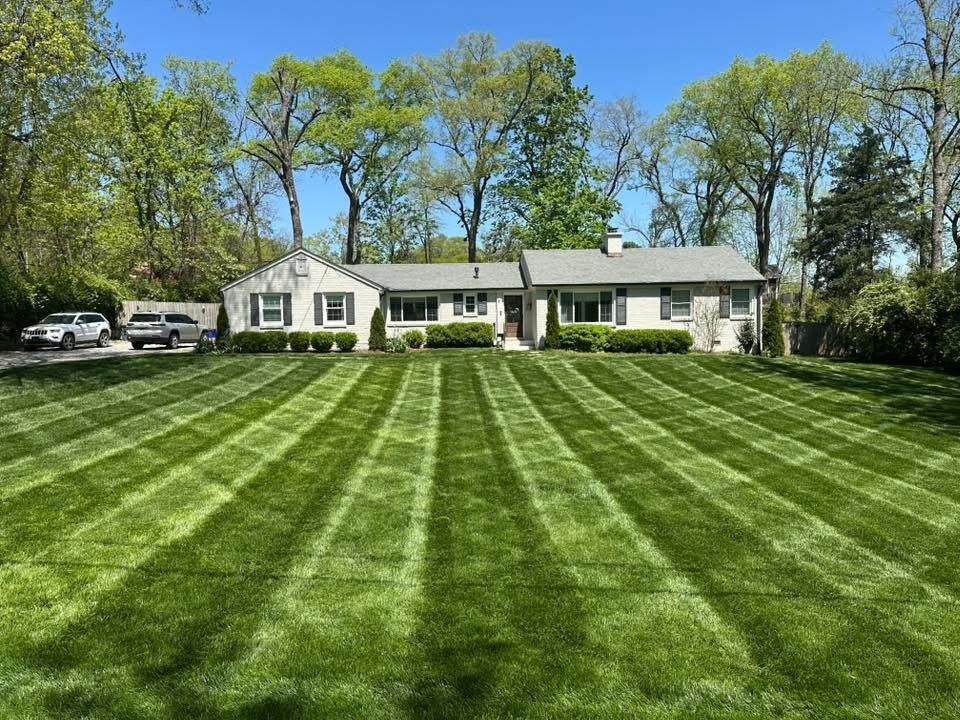 Maintained lawn and trimmed beds at a brick home