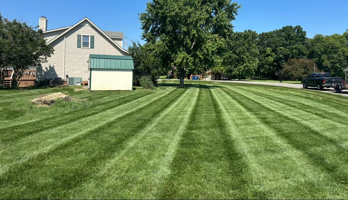 Weed-free striped lawn behind a home