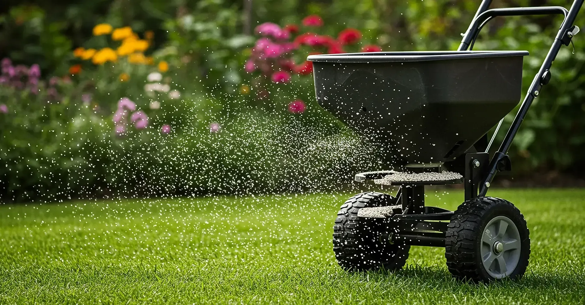 Liquid treatment being applied across a lawn